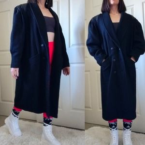 Vintage Leather Trim Wool Double Breasted Black Jofeld Full Length Trench Coat